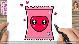 How to Draw a Cute Candy with Heart Face - Easy Kawaii Chocolate Drawing for Kids Step by Step