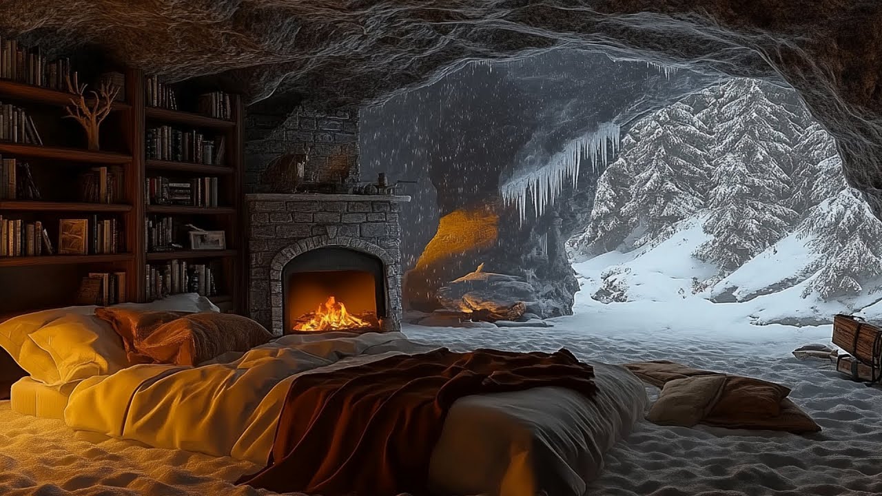 Snowstorm Ambience In A Cozy Cave ❄ Fireplace Sounds For Deep Sleep And Winter Relaxation
