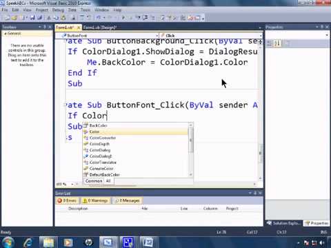 Visual Basic 2010 Express Tutorial 20 ColorDialog   Changing Background   Font Color  SpeakABCs 4 11