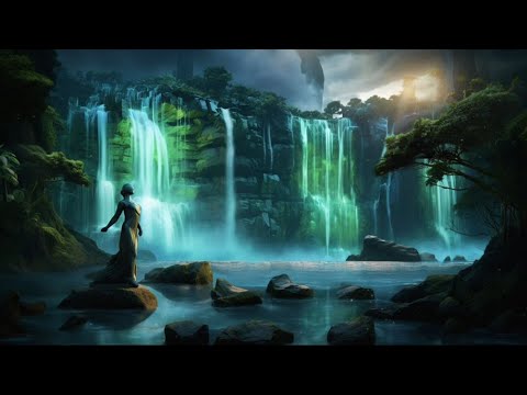 Entspannungsvideo – Mystischer Wasserfall mit Statue 🌊✨ | Grün beleuchtet & sanfte Musik