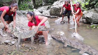Catch Crocodile with My natural food girl - Grilled crocodile spicy delicious for Survival food