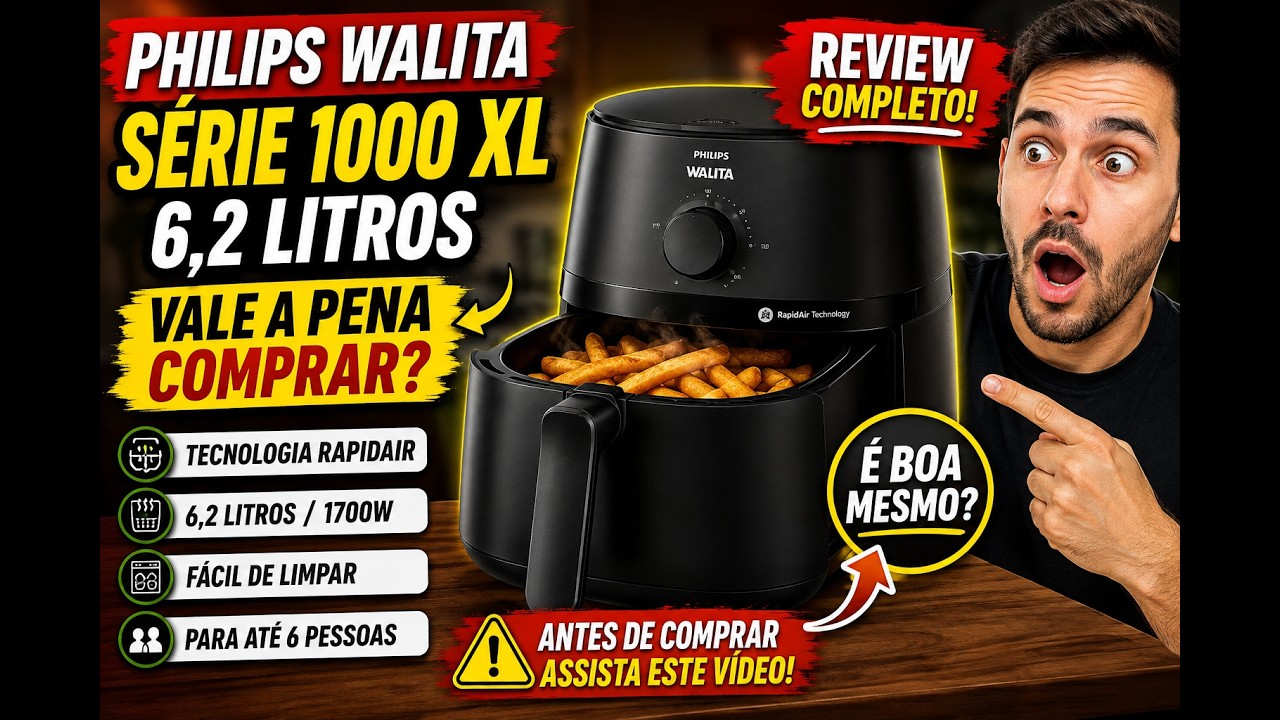 Miniatura da avaliação em vídeo de Fritadeira Philips Walita Airfryer Série 1000 XL 6,2L