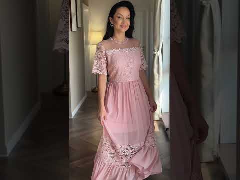 Rochie de ocazie roz cu dantela si voal Video