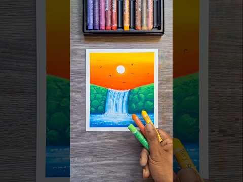 🌅 Beautiful Waterfall Scenery Drawing | Easy Oil Pastel Landscape for Beginners