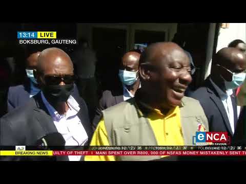 Cyril Ramaphosa addresses the media outside the NUM