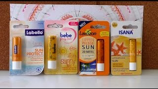 Lippenpflegestifte Sun Protection von Labello, Bebe Young Care, Isana und Lavozon