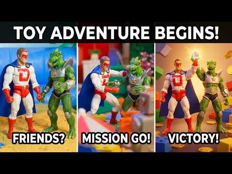 Three-panel collage: white-and-red superhero and green lizard figures in different poses—panel 1 as friends, panel 2 in a clash, panel 3 celebrating victory with coins.