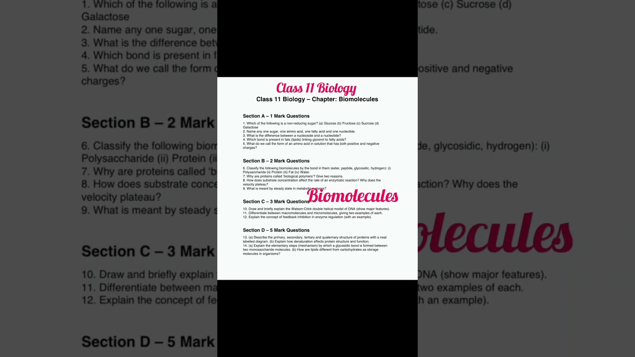#shorts | Class 11 Biology | Ch 9 Biomolecules | Practice Test | Worksheet