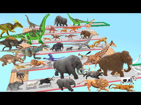 Which Animals vs Dinosaurs Speed Race Run Zigzag Down Course from Outside Animal Revolt Battle