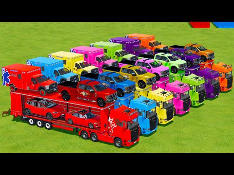 TRANSPORTING POLICE CARS, AMBULANCE, VOLVO & TESLA CARS WITH SCANIA TRUCKS - Farming Simulator 22