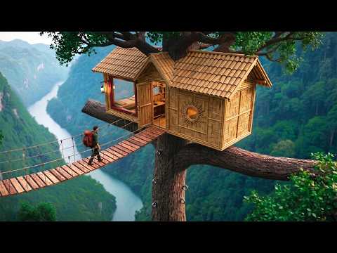 45 Days Building bamboo house atop a tree, shrouded in mist. solo survival skill