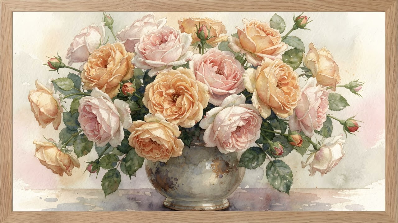 Romantic Rose Watercolor Wood Frame๐ธ David Austin Roses in Vase | 4K Frame TV Art 2 Hours โ 4K ambient art screensaver in baroque gold frame