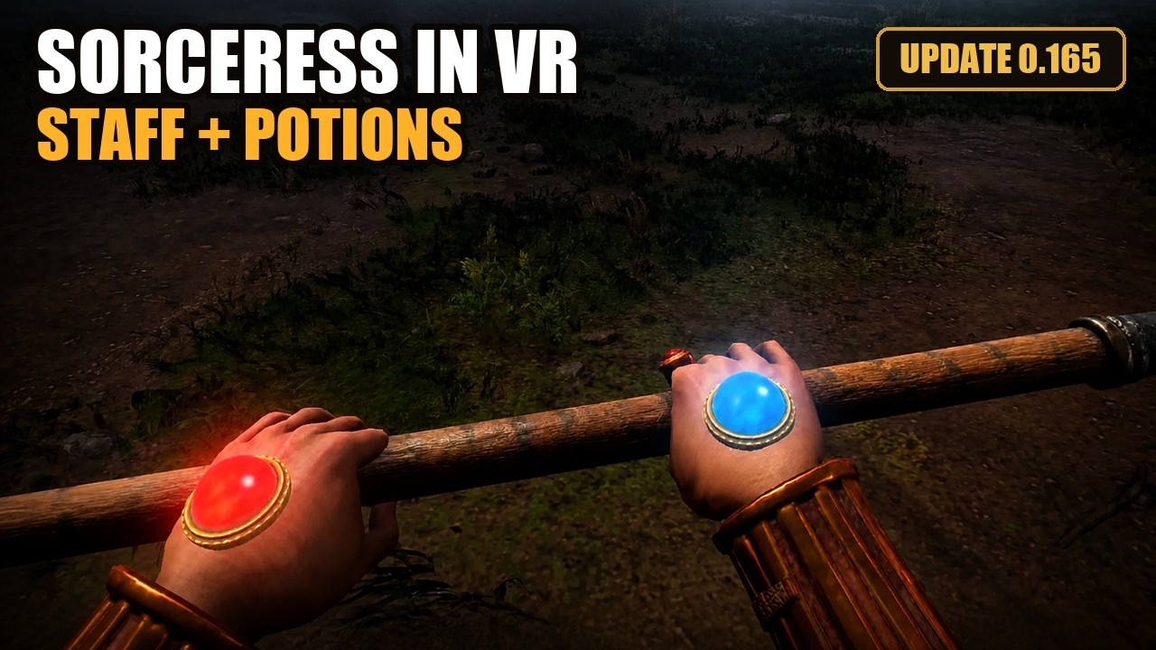 First-person view in the D2R VR mod: two hands gripping a wooden staff, with red and blue life and mana orbs worn on the wrists