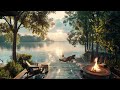 Morning Spring in Lake House | Cozy Ambience with Fire, Birdsongs and Relaxing Lake Waves Sounds