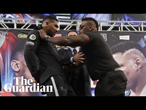 Anthony Joshua shoved by Jarrell Miller at foul-mouthed and bad-tempered press conference