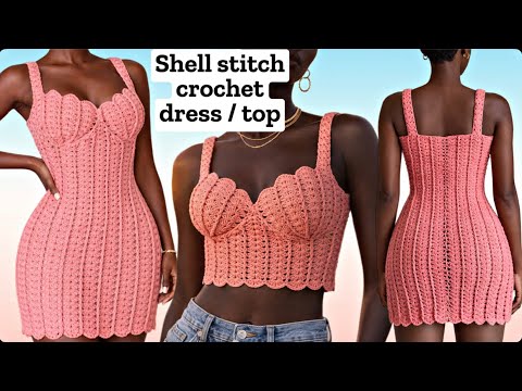 Shell stitch crochet bodycon dress / top with full back coverage.
