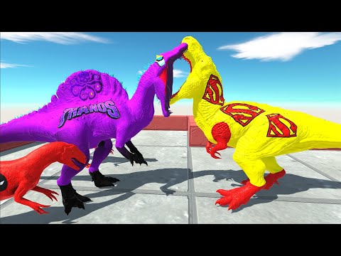 YELLOW SUPERMAN T REX VS THANOS DEATH CLIMB SPIRAL CASTLE -  Animal Revolt Battle Simulator
