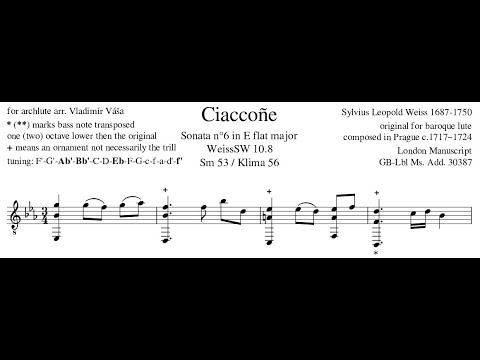 Silvius Leopold Weiss - Chaconne in E-Flat Major, {From WSW 10.} w/ score