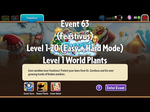 PvZ2 Thymed Event (Feastivus)(Event 63), Level 1-20 (Easy + Hard Mode), Level 1 Plants