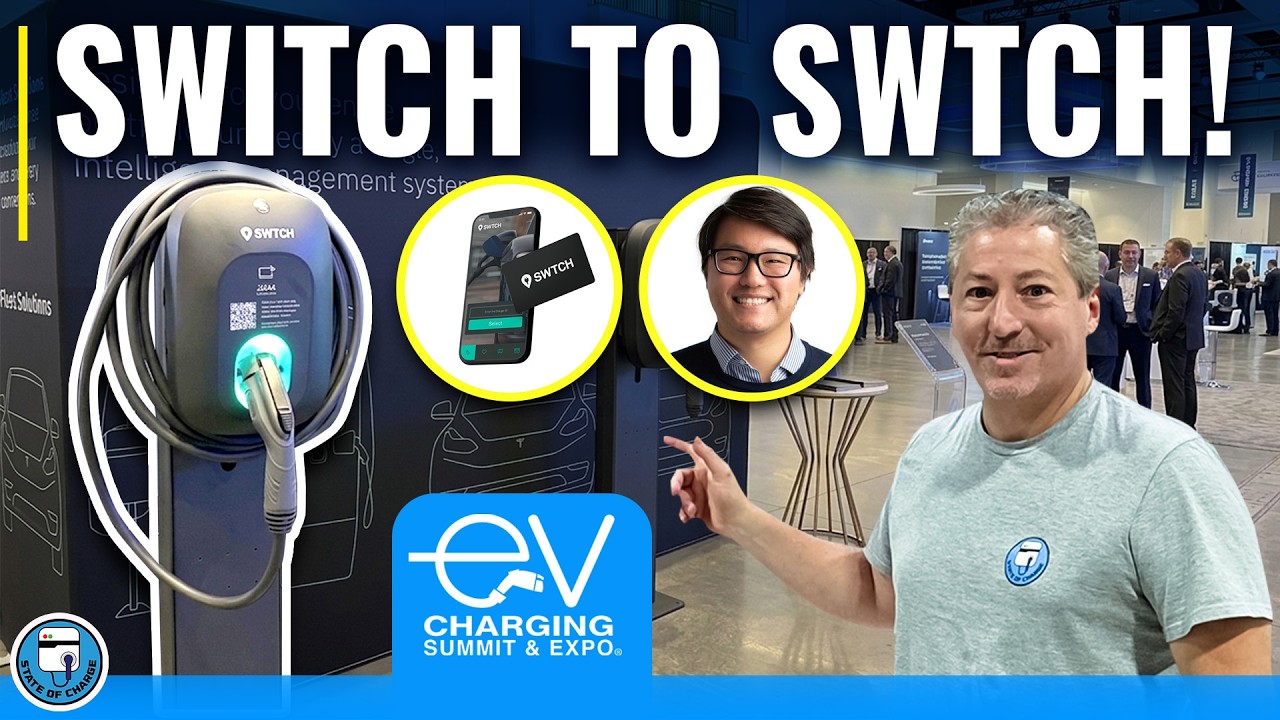 Switch CEO Carter Lee at the EV Charging Summit demonstrating multifamily EV charging hardware including the Flex charger and smart outlet