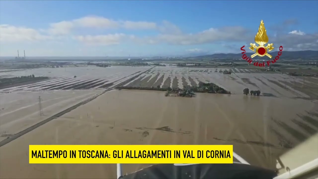 Maltempo: le immagini degli allagamenti in Val di Cornia dall’elicottero