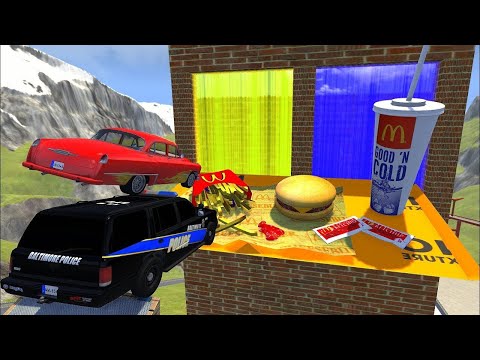 Crazy Vehicle High Speed Jumps Over Mcdonalds Menu Through Yellow Or Blue Water Wall - BeamNG drive