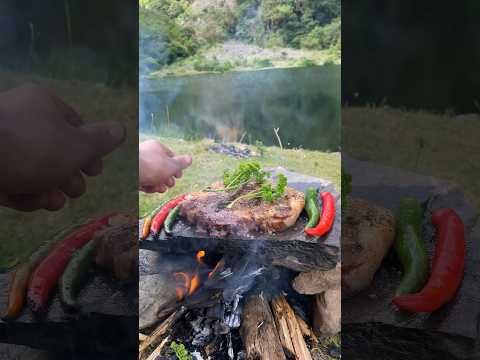 T-bone steak on a rock 🥩🇮🇩🪵🏕️💦 #danauslank #asmr #cooking #nature #campingfood #wilderness