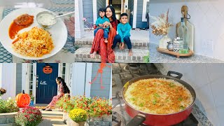 👩‍👦‍👦MOM OF TWO MORNING ROUTINE🚌SCHOOL DAY🍱😋YUMMY LUNCH(NONVEG)KITCHEN COUNTER 🏡🍂 FALL DECOR