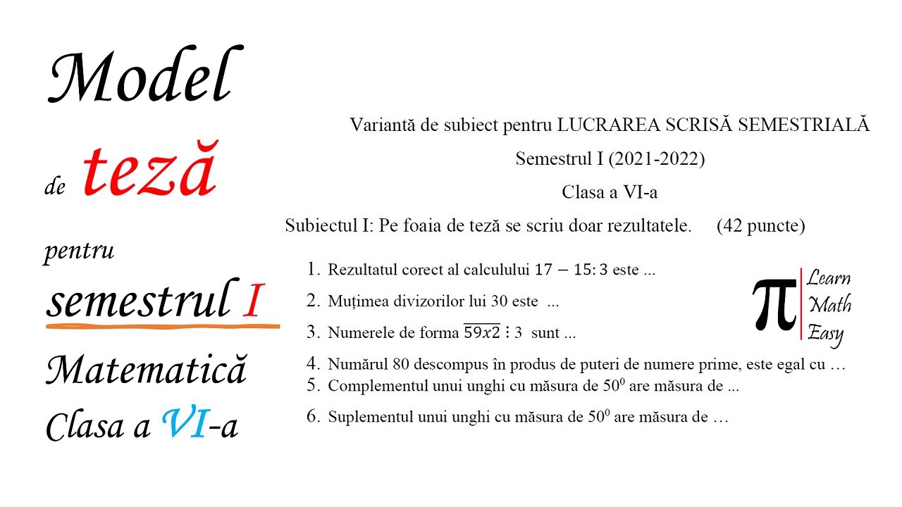 Model Teza Matematica Clasa a VI a Semestrul I 2021 2022
