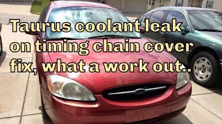 Ford Taurus coolant leak from failing timing cover gasket, not an easy job, too many parts to remove