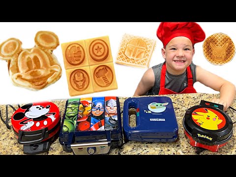 Making Cool Waffles with Caleb and Dad! Caleb LEARNs to COOK Waffle Breakfast with Mom!