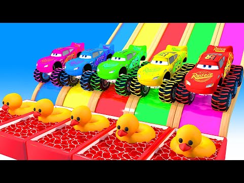 Long Slide Game With McQueen, LAMBORGHINI, FERRARI, CHEVROLET, POLICE CARS 3D Vehicles Challenge