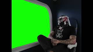 Penta looking out of a blimp window green screen