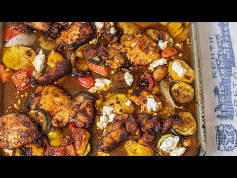 Easy Greek Sheet Pan Chicken with Halloumi, Veggies & Feta (Ready in Under 1 Hour!)