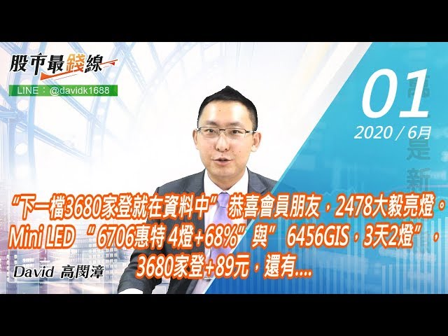 20200601《股市最錢線》#高閔漳，“下一檔3680家登就在資料中” 恭喜會員朋友，2478大毅亮燈。Mini LED “ 6706惠特 4燈+68%”與” 6456GIS，3天2燈”，3680家登+89元，還有…