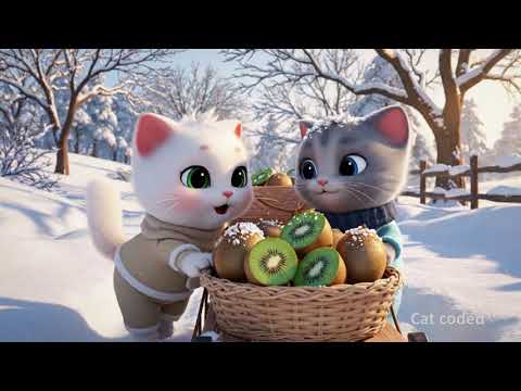 Mama Cat and Her Kittens Make Kiwi Jam on a Snowy Day