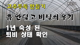 흙 안 덮고 비닐 씌우기/1년 숙성 된 퇴비 상태 확인/고추 두둑 만들기