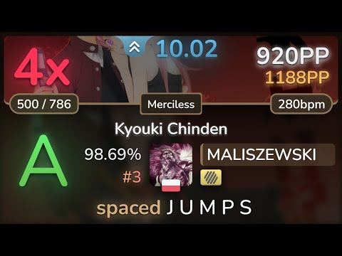 10⭐ MALISZEWSKI | Yousei Teikoku - Kyouki Chinden [Merciless] +HD 98.69% #3 | 920pp 4❌ - osu!