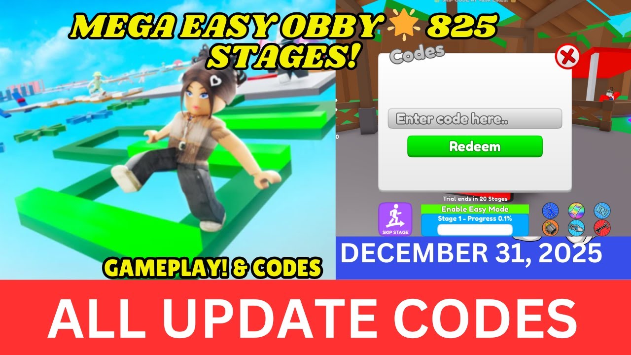 ALL UPDATE CODES Mega Easy Obby 825 Stages ROBLOX, December 31, 2025
