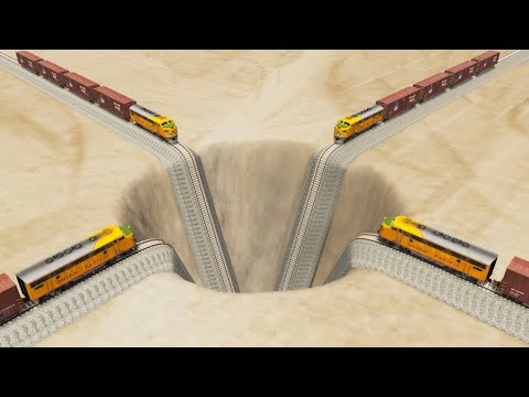Impossible Four Trains Vs Giant Pit weird Rail Tracks Crossover - BeamNG.Drive