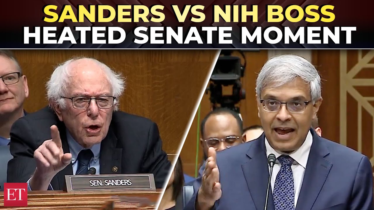 A heated Capitol Hill moment where Senator Bernie Sanders confronts Dr. Bhattacharya on public health controversies, capturing his responses under pressure and highlighting debates suitable for an engaging podcast appearance.