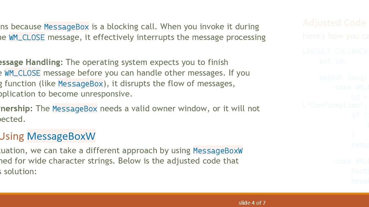 Why Your MessageBox Call on WM_CLOSE Causes Your C+ +  Program to Freeze