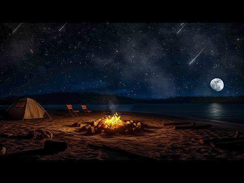 Overnight with Beach Landscape At Moonlit Night | Crackling Fire, Crickets, Water Sounds