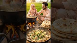 🌾🥘 Trabajo duro en el campo de trigo y delicioso pollo karahi con naan bien caliente 🫓 #villagelife