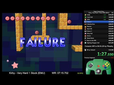 Super Smash Bros. Kirby, Very Hard 1 Stock No Continues - 07:01.468 (EMU) Sub7 Attempt #192