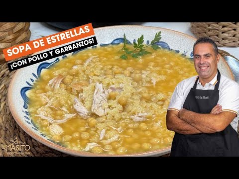 Sopa de estrellas con pollo y garbanzos Receta fácil y nutritiva.