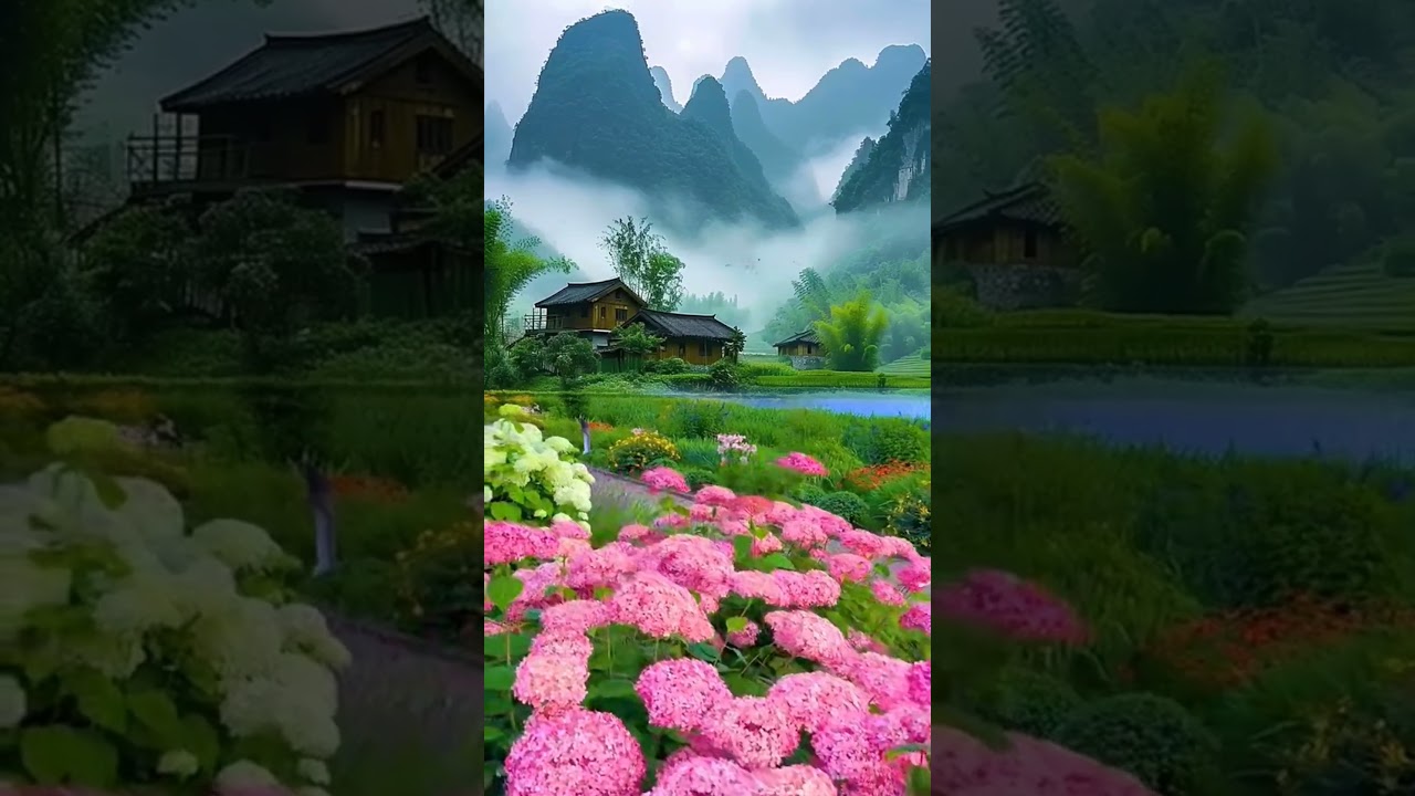 Dreamy Mountain Village with Vibrant Flower Garden and Misty Peaks
