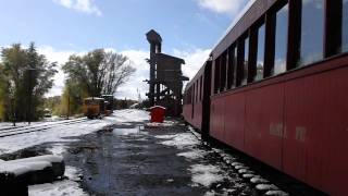 preview picture of video 'Cumbres and Toltec double header leaving Chama, NM on October 8, 2011 after a rare fall snow'