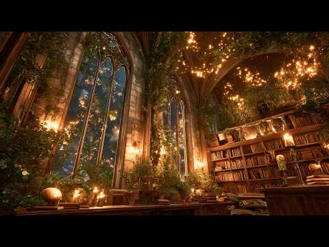 (NO MID-ROLL ADS) Cozy Magical Library in the Rain | Fantasy Music and Ambience