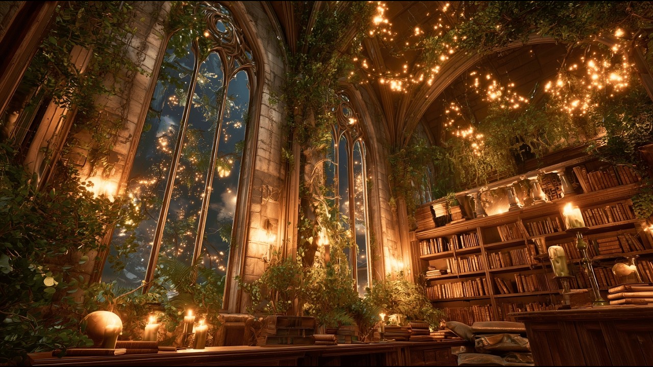 (NO MID-ROLL ADS) Cozy Magical Library in the Rain | Fantasy Music and Ambience